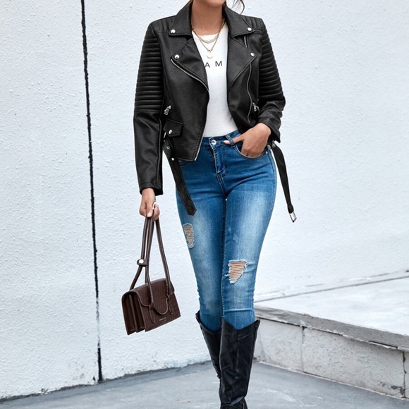 Camel leather zipper biker moto motorcycle jacket - Picture 5 of 9